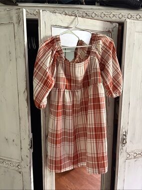 Monteau Cream and Rust Plaid Puff Sleeve Dress
